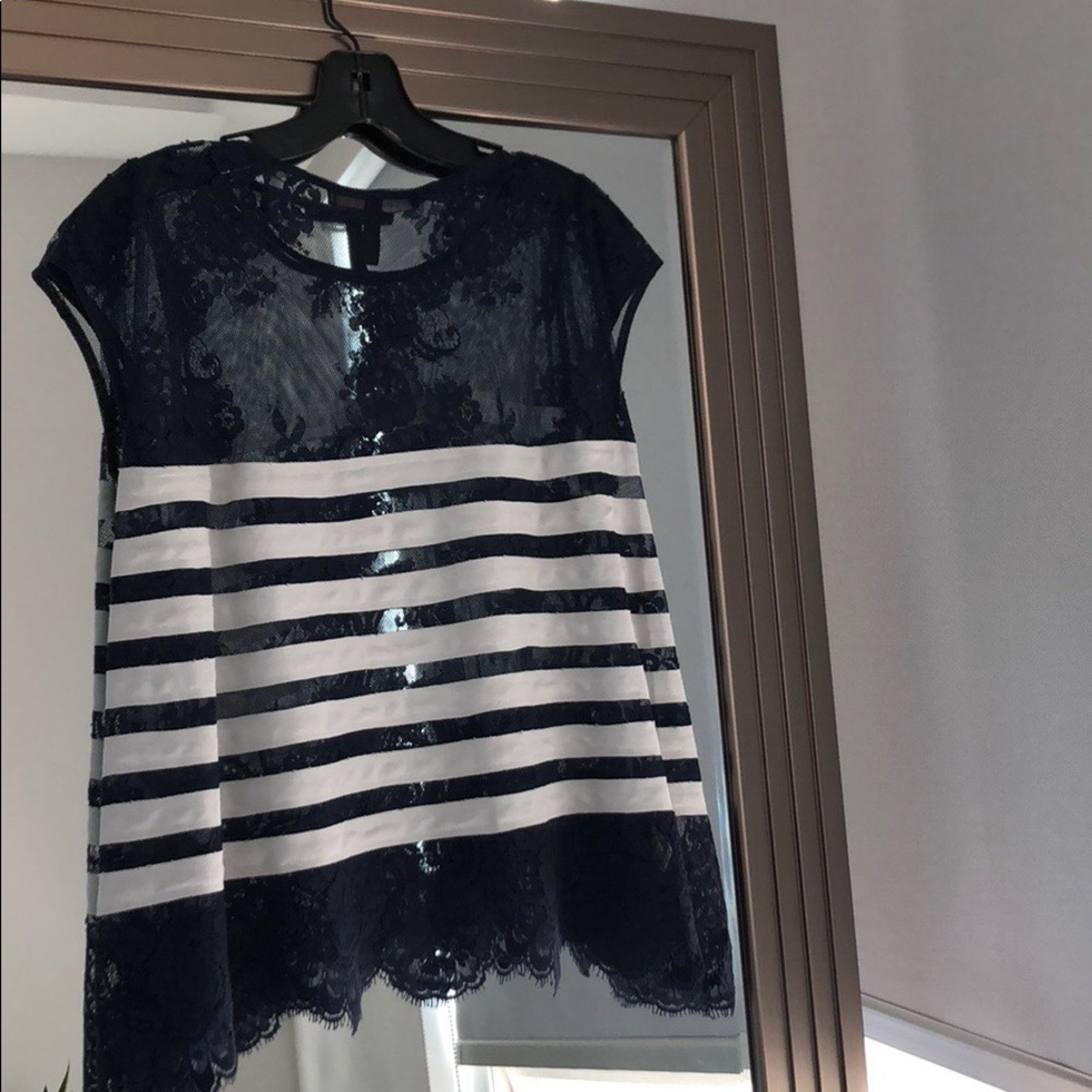 BCBG navy and white striped lace top
